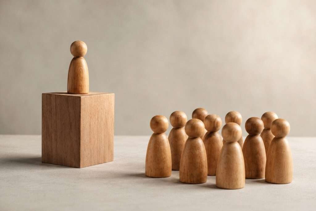 Eine Holzfigur steht erhöht auf einem Holzwürfel und schaut auf eine Gruppe von acht Holzfiguren herunter. Symbolbild für den Rollenwechsel vom Spezialisten zur Führungskraft – Isolation statt Verbindung.