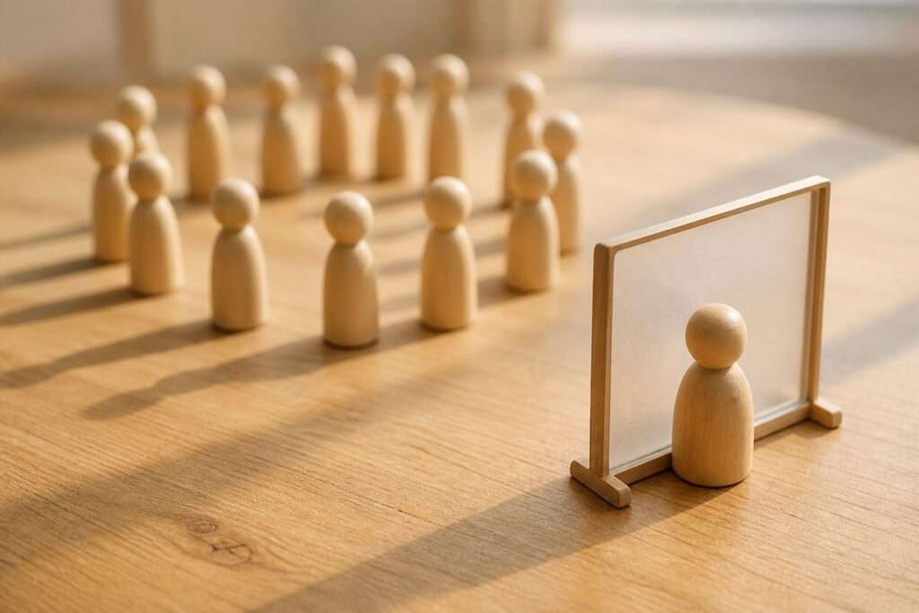 Holzfiguren in einem Kreis bei der Feedback-Methode Heißer Stuhl hinter einer Pinnwand.