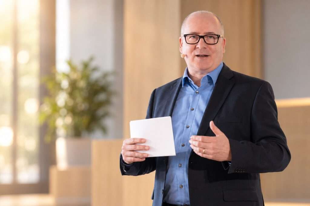 Harald Braun moderiert eine Veranstaltung mit Headset-Mikrofon