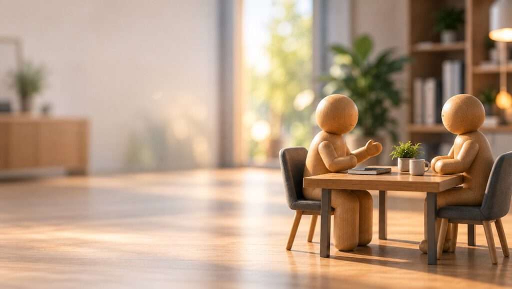 Zwei Holzfiguren im vertrauten Gespräch am Tisch – Symbolbild Führungskräfte-Coaching und Sparring