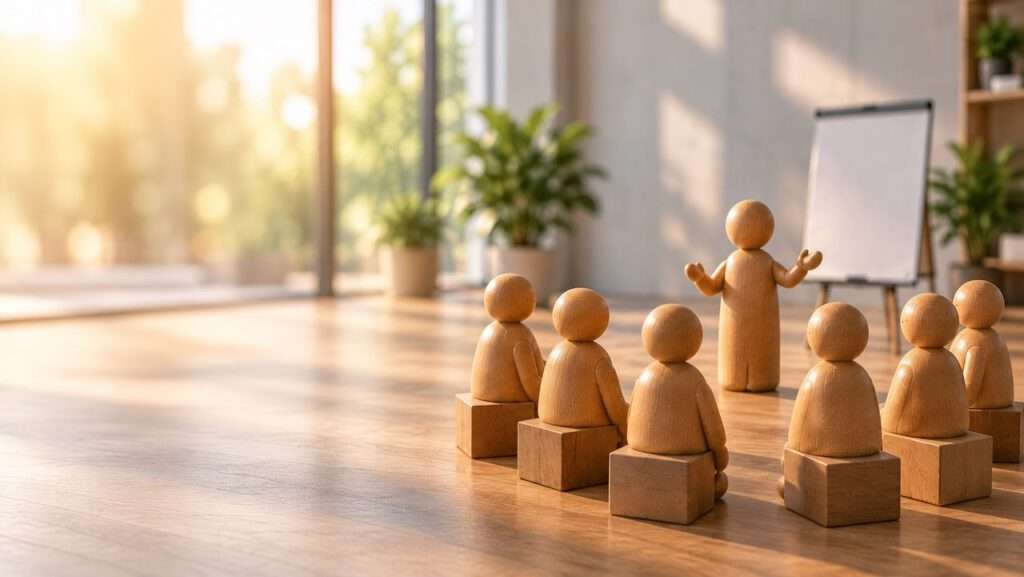 Gruppe von Holzfiguren bei einer Moderation vor Flipchart – Symbolbild Moderation und Großveranstaltungen