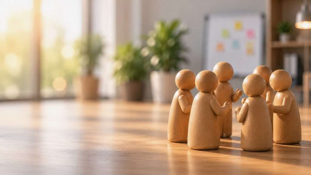 Gruppe von Holzfiguren im Gesprächskreis – Symbolbild Teamentwicklung und Zusammenarbeit