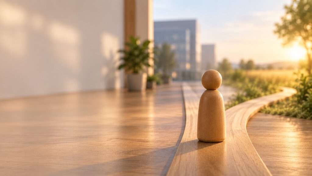 Holzfigur an einer Weggabelung – Symbolbild Veränderung und Wandel im Change-Prozess