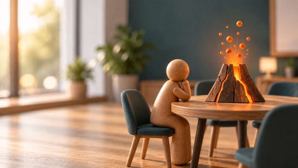 Holzfigur sitzt an einem Tisch vor einem hölzernen Vulkan als Metapher für aufgestaute Konflikte und Spannungen in Workshops