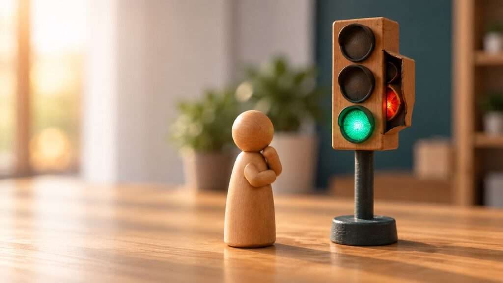 Holzfigur neben einer grünen Statusampel mit verborgenem rotem Signal als Metapher für geschönte Kennzahlen und Projektstatus
